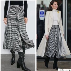 ZARA Kate Middleton Black White Tweed Houndstooth A Line Midi Skirt
